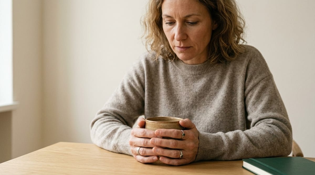 KI-generierte Illustration: Frau sitzt am Tisch und hält eine Tasse